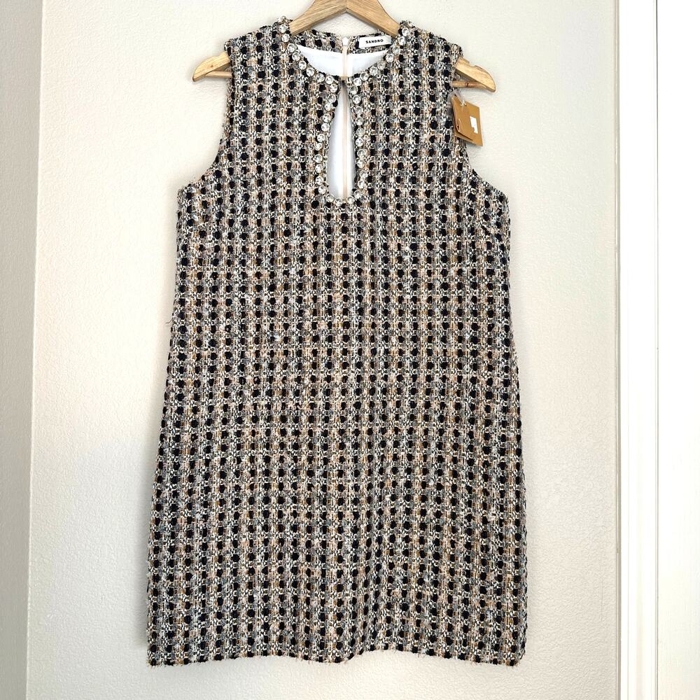 Sandro Tweed Crystal Embellished Keyhole Mini Dress, Flawed, French 42‎ US 10